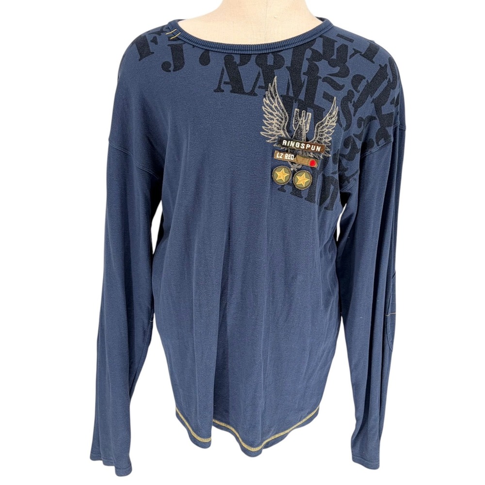 Ringspun Long Sleeve Shirt XL Blue Military Patch Graphic Y2K Made in England